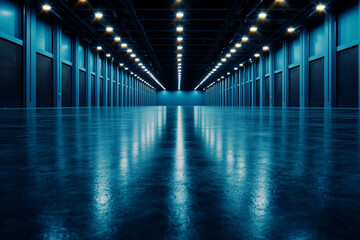 Fototapeta premium spacious blue empty room with dark concrete floor and walls, illuminated by bright overhead lights, creating modern and industrial atmosphere