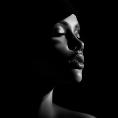 Elegant portrait of a woman showcasing graceful features and soft lighting in a dimly lit environment