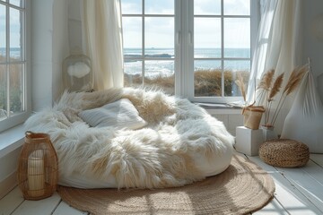 Coastal Style White Living Room with Bay Window and Lanterns – Sunny Day Interior