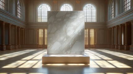 Elegant marble slab displayed in a grand hall, bathed in sunlight.