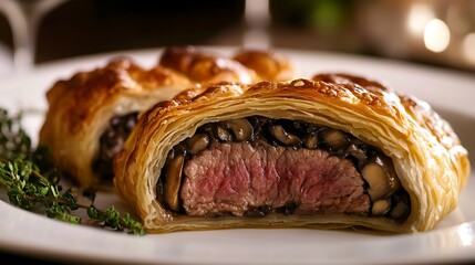 A close-up of a plate of beef wellington, with a crispy puff pastry crust and a rich mushroom filling