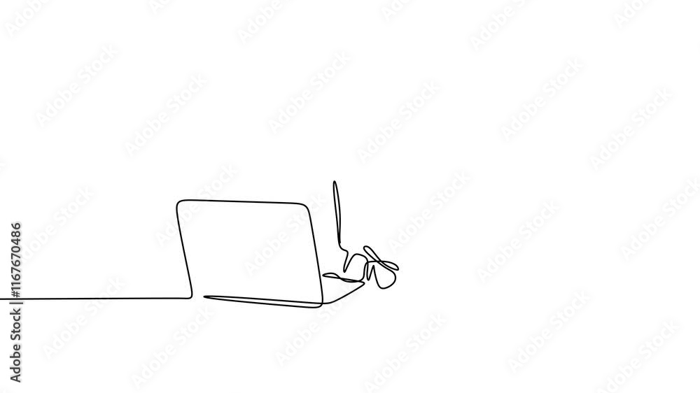 Poster continuous line drawing of office worker concentrated behind computer. professional coworkers focus 