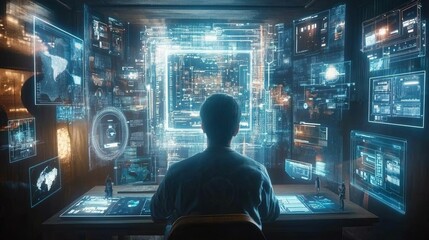 Person seated, viewing numerous digital displays.