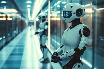 Futuristic robots stand hallway; modern setting.