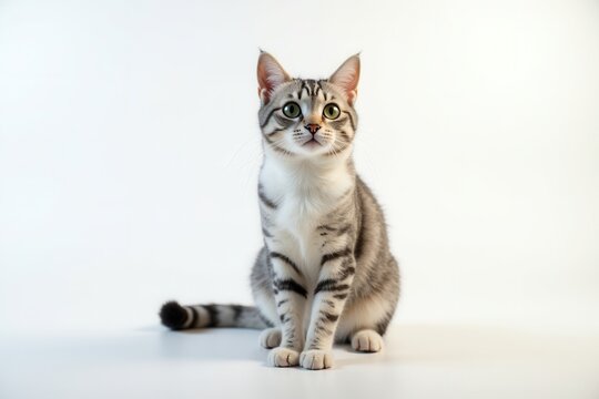 Adorable European Shorthair kitten with expressive green eyes posing on a white background perfect for pet-related projects