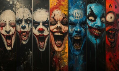Seven grotesque painted faces, screaming, colorful.