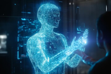 Person interacts with glowing digital human form.