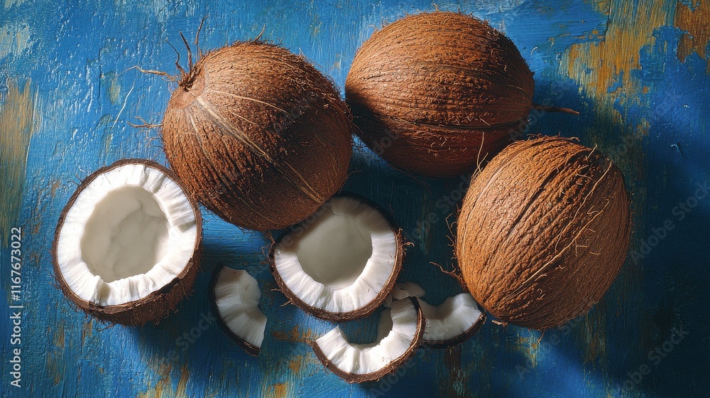 Poster fresh coconuts displayed on a blue rustic surface with cut pieces arranged around