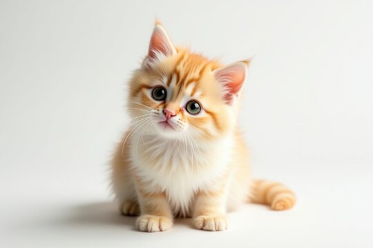 Adorable ginger munchkin kitten with big green eyes looking up at you stock image - Powered by Adobe