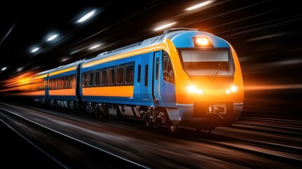 Fototapeta premium A vibrant train in motion, illuminated by bright lights, captures the essence of speed and modern transportation.