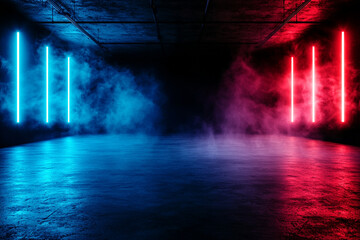 dramatic empty space illuminated by blue and red neon lights, with smoke creating mysterious atmosphere. contrasting colors enhance visual impact