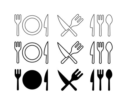 Plate, fork and knife icon set.
