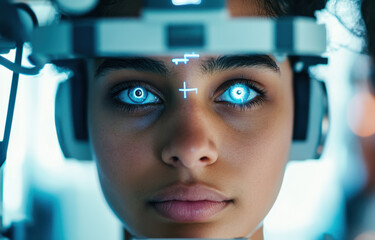 A young girl participates in an eye examination, focusing on the device measuring her vision. Bright blue lights illuminate the clinic, enhancing the high-tech atmosphere.