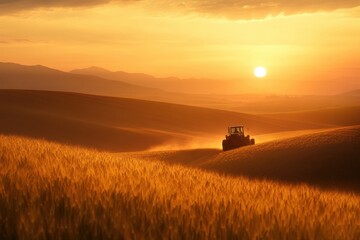 Fototapeta premium Tractor plowing golden fields under a stunning sunset in rural landscape