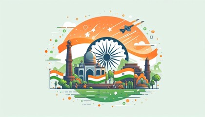 Celebrating indian republic day with national monuments and waving flag