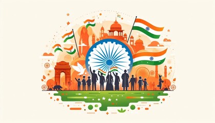 Indian people celebrating indian republic day with national monuments and symbols