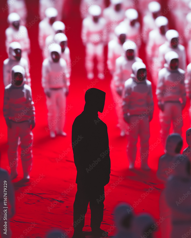 Poster a lone humanoid figure stands out in front of a crowd of identical white figures in red lighting.