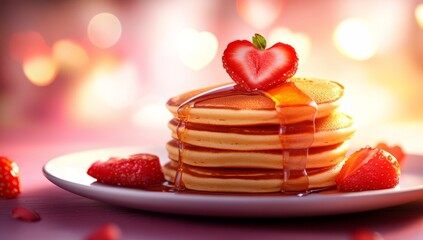 A warm Valentine's breakfast adorned with heart-shaped pancakes and fresh strawberries