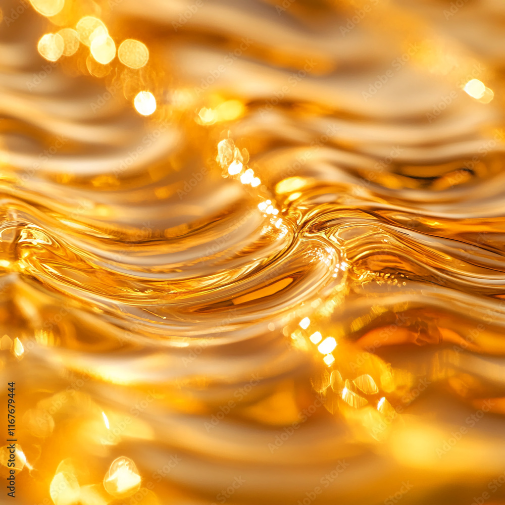 Poster close-up view of golden waves of liquid with bokeh highlights and reflective surface.