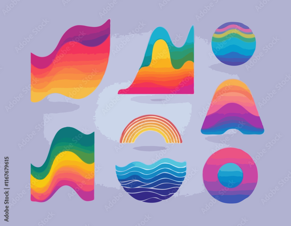 Poster abstract color gradient shapes set. vector graphic with wavy lines in rainbow colors. colorful fluid