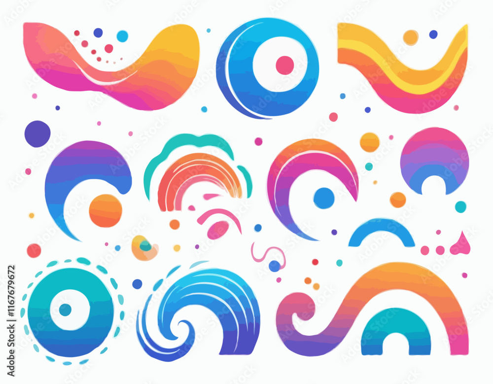 Poster abstract color gradient shapes set. vector graphic with wavy lines in rainbow colors. colorful fluid