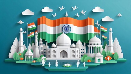 Celebrating india republic day with paper cut style and famous monuments