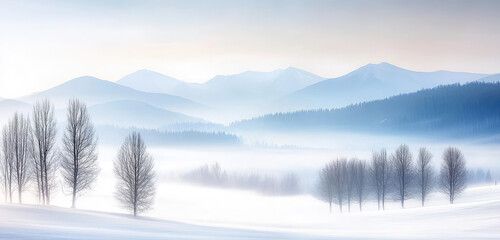 Beautiful mountain landscape with fog, sunlight, morning landscape with snow-capped mountains in the background