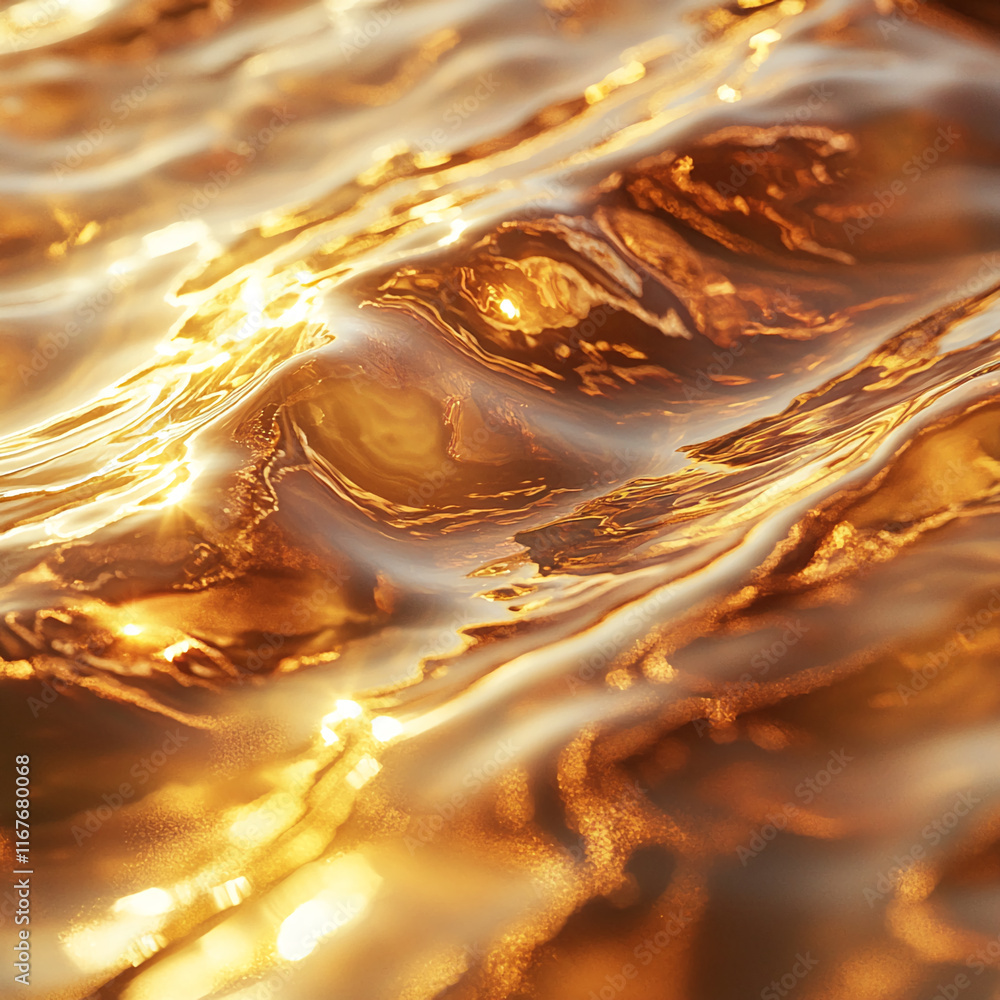 Aufkleber close-up of golden water with waves reflecting soft light and sparkling highlights.