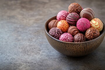 Variety of colorful chocolate truffles in wooden bowl on rustic surface