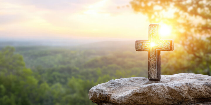 Illuminated Orthodox religious cross on natural abstract background of scenic  landscape. Copy space background, Christian template 