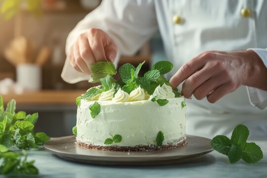 Chef decorating mint cake with cream topping in kitchen
