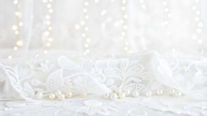 Elegant lace and pearls decoration with soft lights and copy space