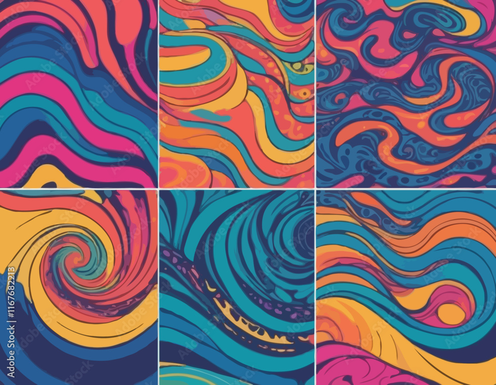 Poster set of wavy seamless trippy patterns in psychedelic colors. abstract vector swirl backgrounds. 1970 