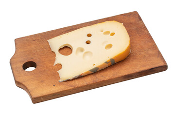Emmental cheese top on wooden cutting board. isolated white background