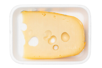 top view tray with Emmentaler cheese. isolated white background