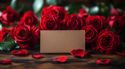 Elegant Bouquet of Vibrant Red Roses with Blank Gold Card Amidst a Softly Lit Background of Warm Bokeh Lights, Highlighting Romantic and Celebratory Themes