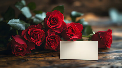 Elegant Bouquet of Vibrant Red Roses with Blank Gold Card Amidst a Softly Lit Background of Warm Bokeh Lights, Highlighting Romantic and Celebratory Themes