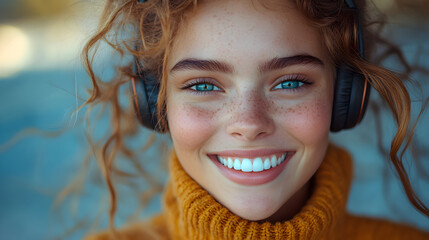 Close-Up Portrait of a Young Woman with Bright Blue Eyes, Freckles, and a Warm Smile, Wearing a Cozy Orange Sweater Against a Vibrant Light Blue Background, Radiating Natural Beauty and Joy