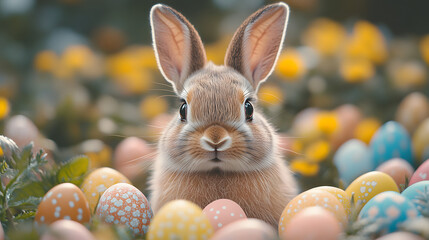 Adorable Brown Bunny Sitting Among Brightly Colored Easter Eggs in a Lush Green Grass Setting with a Soft Focus Background, Celebrating Spring and Festive Traditions
