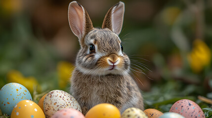Adorable Brown Bunny Sitting Among Brightly Colored Easter Eggs in a Lush Green Grass Setting with a Soft Focus Background, Celebrating Spring and Festive Traditions