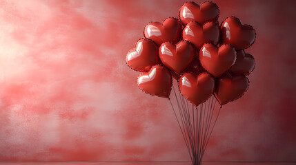 Cluster of Red Heart-Shaped Balloons Floating Against a Soft Warm Light Gradient Background, Evoking Love, Romance, and Festive Celebration with a Minimalistic Aesthetic