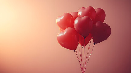 Cluster of Red Heart-Shaped Balloons Floating Against a Soft Warm Light Gradient Background, Evoking Love, Romance, and Festive Celebration with a Minimalistic Aesthetic