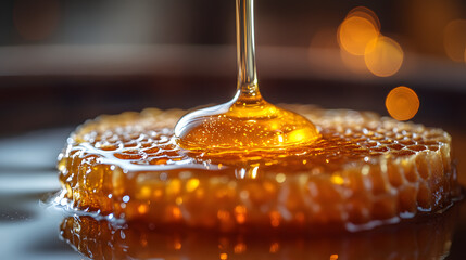 Golden Honey Dripping on Honeycomb with Warm Bokeh Background, Showcasing Natural Sweetness and Organic Texture