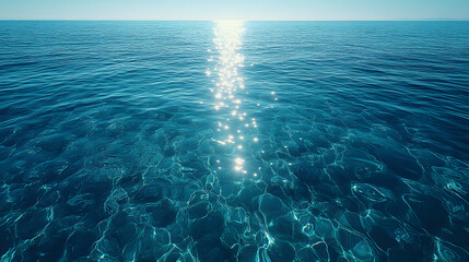 Tranquil Ocean View with Sparkling Sunlight Reflection on Clear Turquoise Waters, Capturing the Serenity and Beauty of an Endless Horizon on a Calm Day