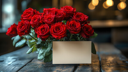 Elegant Bouquet of Vibrant Red Roses with Blank Gold Card Amidst a Softly Lit Background of Warm Bokeh Lights, Highlighting Romantic and Celebratory Themes
