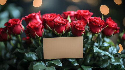 Elegant Bouquet of Vibrant Red Roses with Blank Gold Card Amidst a Softly Lit Background of Warm Bokeh Lights, Highlighting Romantic and Celebratory Themes