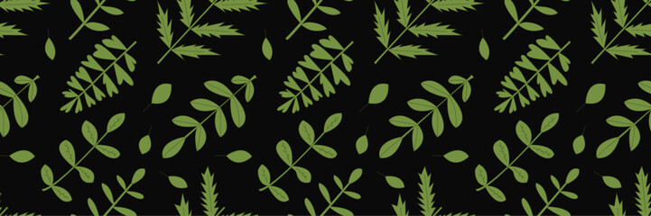 Green leaves seamless pattern. Green leaves on black illustration. Botanic background. Green branches pattern. Floral green and black background.