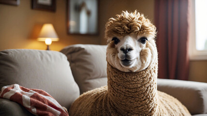 Cute Alpaca Sitting on a Couch in a Cozy Living Room