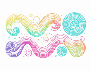 Set of Swirl Rainbow Colored Gradient Lines. Squiggle Doodle Waves for Carnival Decoration, Celebration and Parties. Fun Curve Neon Graphic Shapes