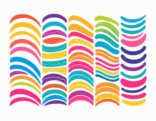 Set of Swirl Rainbow Colored Gradient Lines. Squiggle Doodle Waves for Carnival Decoration, Celebration and Parties. Fun Curve Neon Graphic Shapes